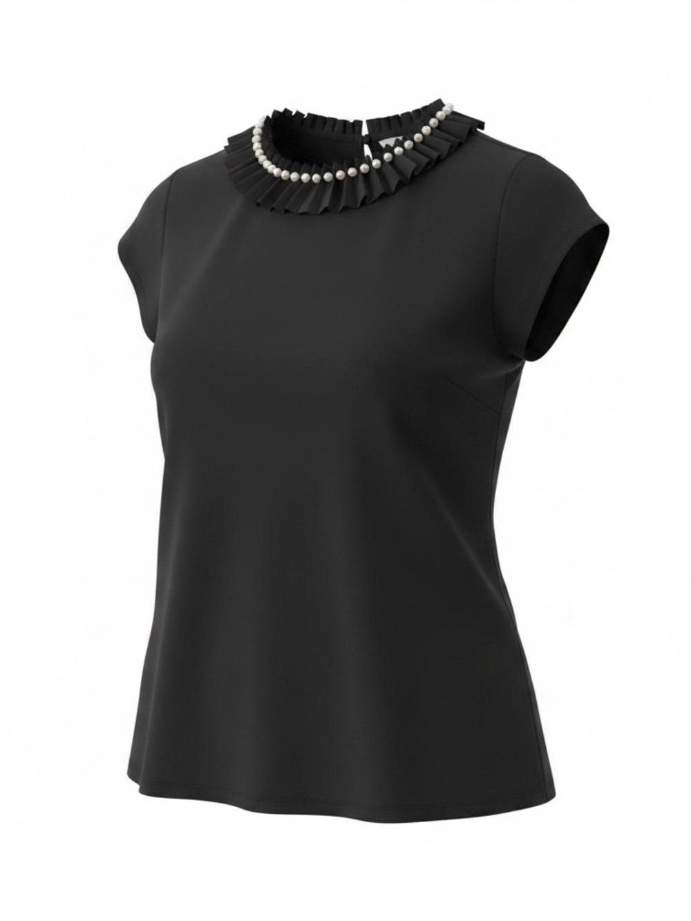 Ted Baker London Fancy Black Cap Sleeve Blouse, Ruffle Pearl Neck, 2